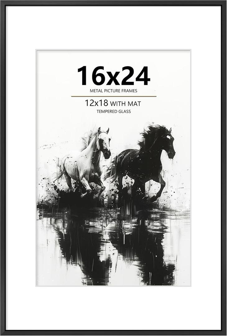 16x24 Frame Black – Aluminum Poster Frame with Real Glass, 12x18 Picture Frame with Mat or 16 x 24 Without, Large Metal Wall Frame for Photos & Artwork