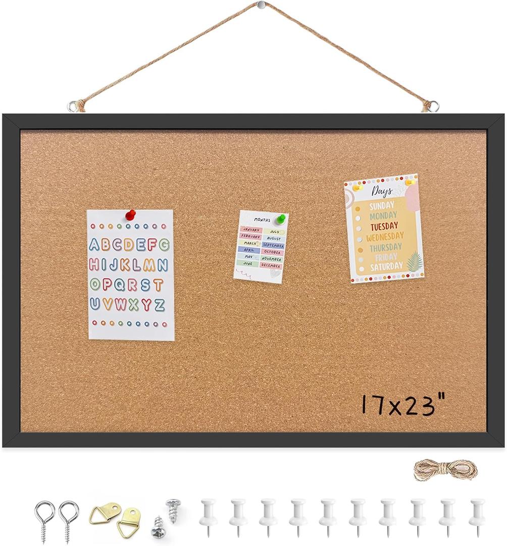 Cork Bulletin Board, 17x23 Inches Hanging Cork Board Wooden Framed with Pins for Wall, Dorm Room, Office, Home Decor  Natural Cork & Black Frame