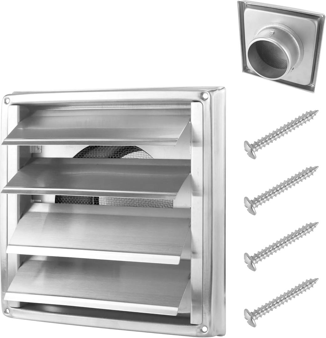 [Upgraded] AMI PARTS 4 Inch Stainless Steel Louvered Dryer Vent Cover Outside with Metal Mesh Screen and 4 Screws,7"x7" Metal Dryer Vent Cover for 4" Vent Duct Opening