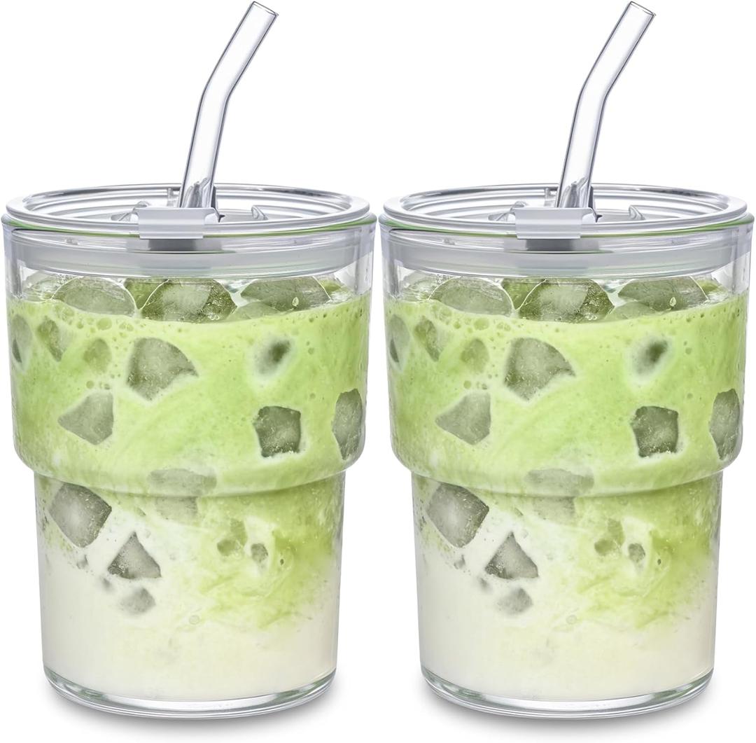 13oz Glass Tumbler with Straw and Lid, Leak Proof Iced Coffee Cup, Thick Wall BPA Free Drinking Glass Water Cups for Iced Coffee, Matcha, Smoothie and Travel-(Clear-2pack)
