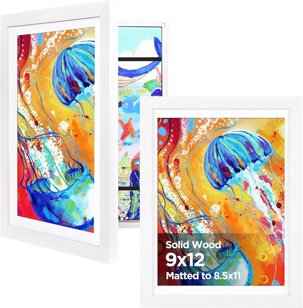 KINLINK 9x12 Kids Art Frame Set of 2, Solid Wood Kids Artwork Frames Changeable with Front Opening Hold 150 Pictures, Art Frames for Kids Art with Matwithout Mat 9x12 Picture Frame White