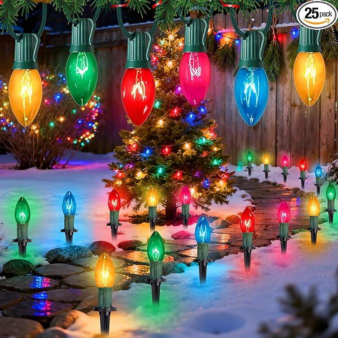SOTOPOO 38 Feet C9 Christmas Pathway Lights Outdoor Walkway Lights with 25 Pack Multicolor C9 Stake Light Waterproof for Christmas Outdoor Decorations for Garden Landscape Yard Path Sideway, 7W