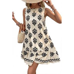 BLENCOT Womens Boho Dress Sleeveless Ruffle Mini Summer Vacation Casual Dresses (White, S)
