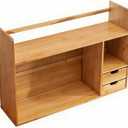 Bamboo Desktop Bookshelf with Drawers,2-Tier Desk Organizer Shelf,Small Desk Hutch with Storage for Office,Dorm,Bedroom,Home,Desk Top Bookshelf with Rounded Corners,22.8"x7.5"x18.1", 1 piece desktop storage rack