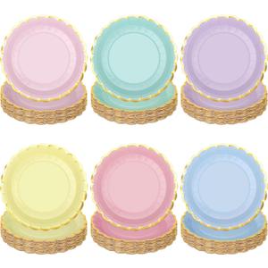 Peony man 48 Pcs Pastel Scalloped Paper Plates Disposable Macaron Party Plates 9 Inch Gold Edge Colorful Dinner Plate Pastel Rainbow Dessert Plate for Wedding Birthday Baby Shower Party Supplies