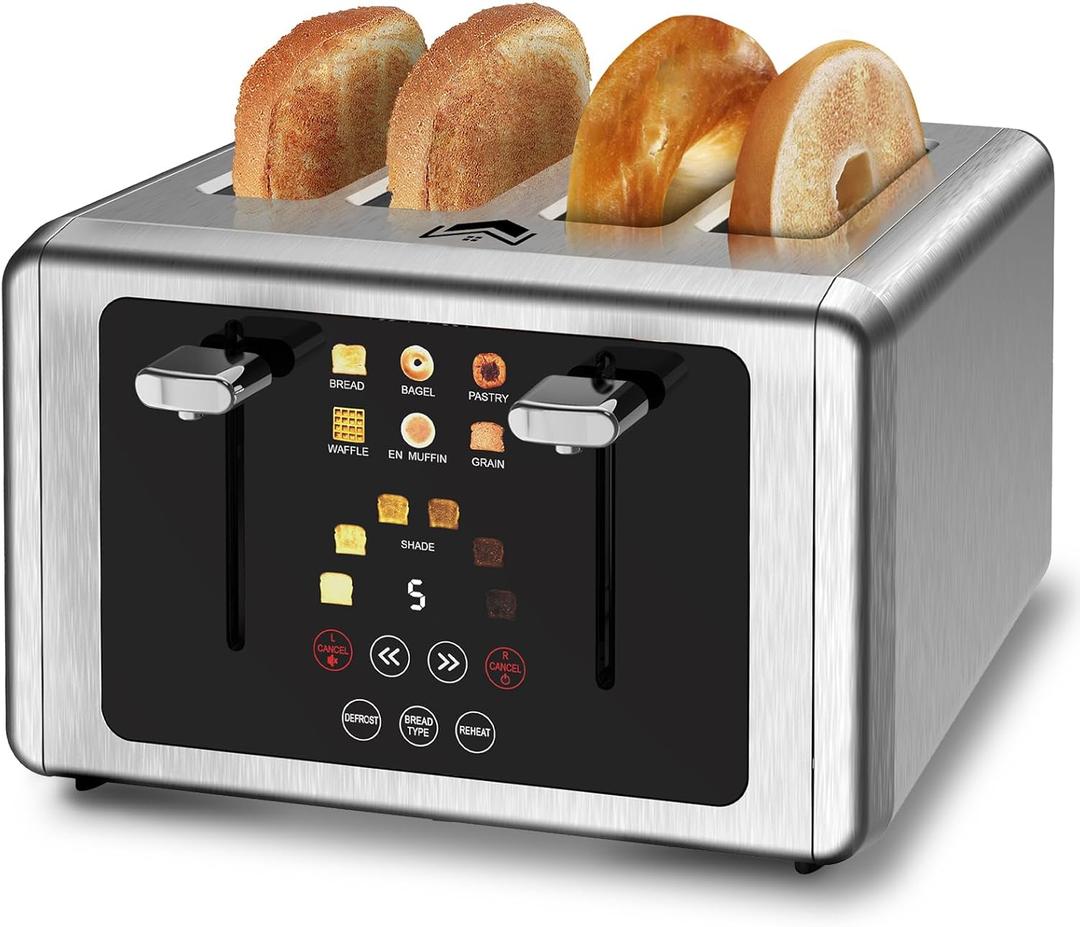 4 Slice Toaster, Touchscreen & Dual Independent Control Panel5 Basic Functions & Digital Countdown Toasters, 6 Shade Settings6 Bread Types, Smart Bread Maker Mute/Screen-Off,Gray