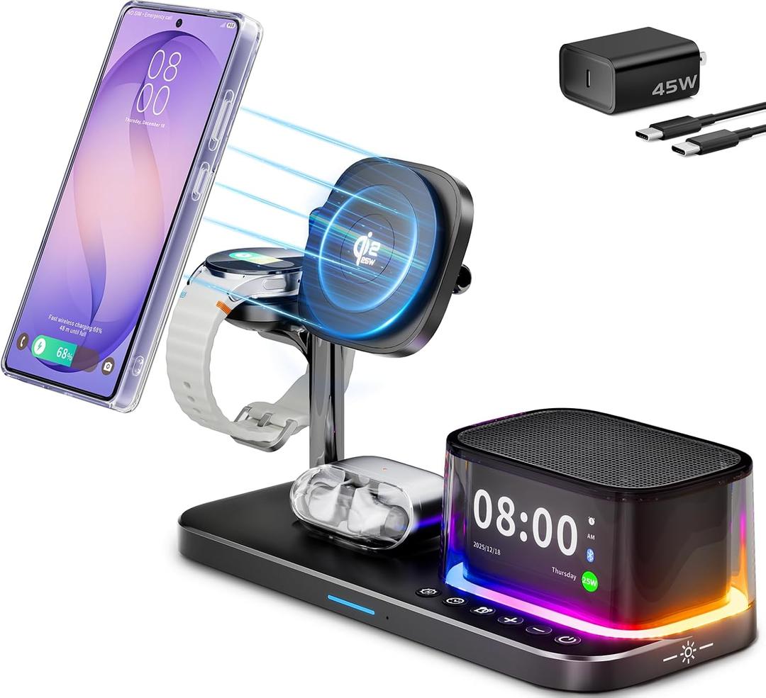 Qi2.2 25W Magnetic Charging Station for Samsung S26 Ultra,Alarm Clock/Night Light/Bluetooth Speaker,6-in-1 Fast Wireless Charger Compatible with Magsafe for S26 Plus/S25/Z Fold7 & Galaxy Watch 8/7/6