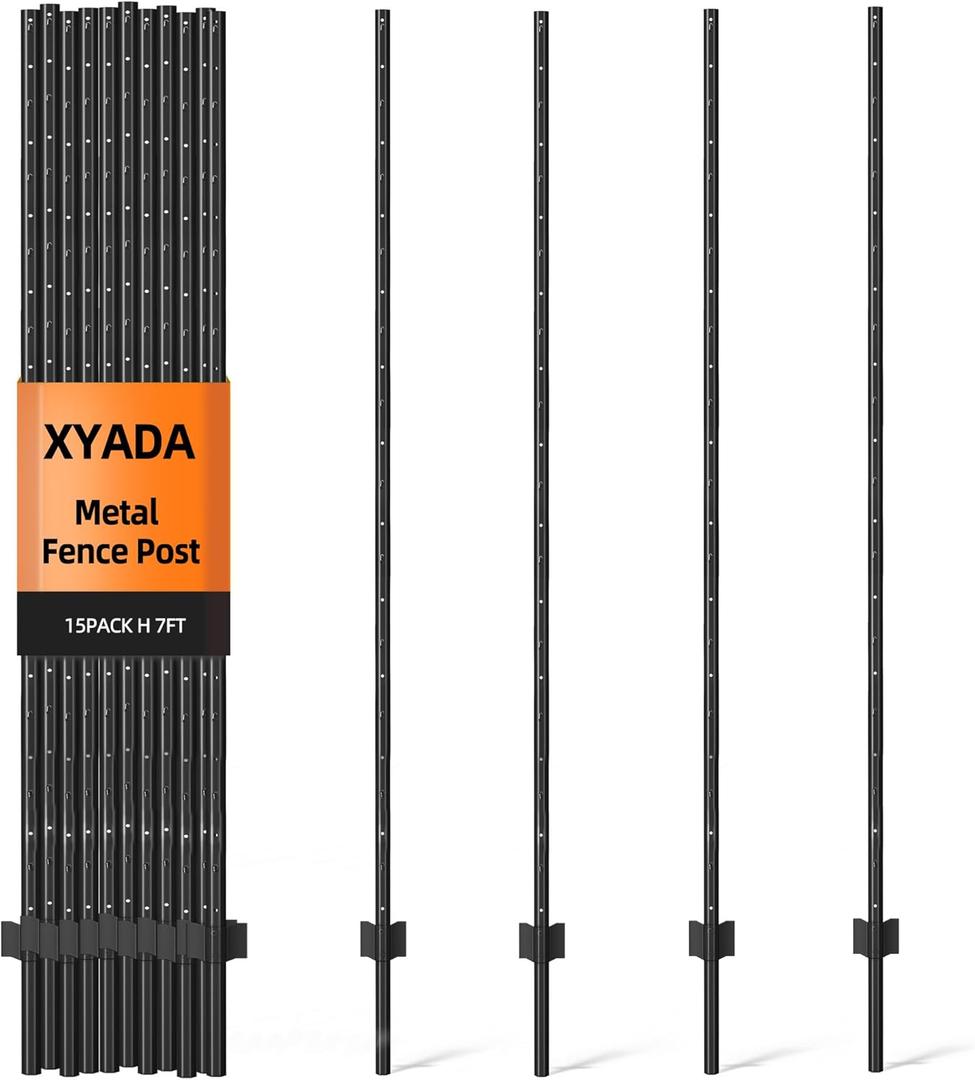 Metal Fence Post 7feet, Heavy Duty Garden Fence Post for Holding Wire Fence, Sign U Post Pack of 15 Sturdy Outdoor No Dig Fence Post for Garden Yard  Black