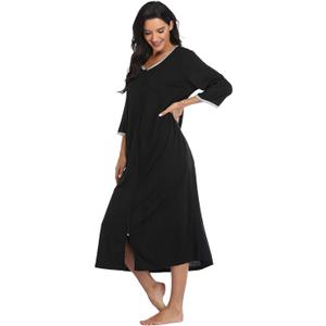 Giova Women's Sleepwear Zipper Long Nightgown Lounge Wear Dress Gown Soft Nightshirt (Black, XXL)