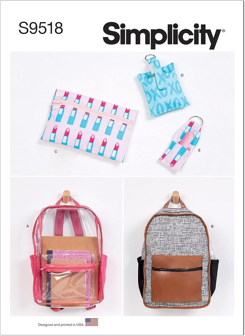Simplicity Keychain Holder, Cosmetic Case, and Backpack Sewing Pattern Kit, Code S9518, One Size, Multicolor