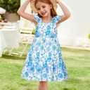 GRACE KARIN Girls A-line Floral Spring Dresses Girls Summer Beach Dress Blue Flowers 8Y
