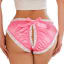 OYOANGLE Women's Satin Panties Cut Out Lace Trim Bow Briefs Cute Mid Rise Lingerie Underwear (Large, Hot Pink)