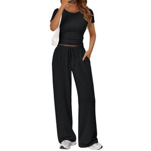 Trendy Queen 2 Piece Matching Summer Lounge Set Womens Side Ruching Top Wide Leg Pants Sets with Pockets S