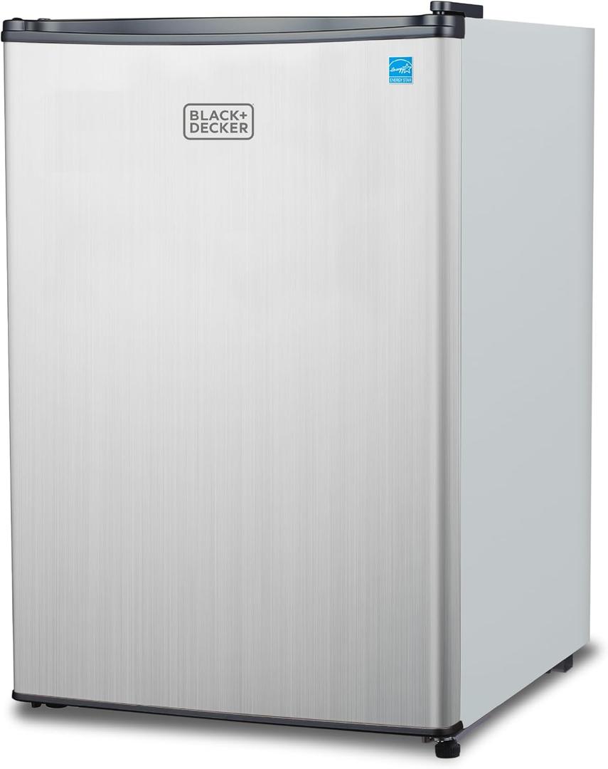 BLACK+DECKER 2.5 Cu. Ft. Compact Refrigerator, ENERGY STAR Certified, Single Door Mini Fridge with Chiller Compartment, Personal Fridge for Home or Dorm Room, R600a Refrigerant, BCRK25V,Stainless Look