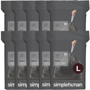 simplehuman Code L, 200 Count Odorsorb Custom Fit Liners, Drawstring Odor Absorbing Trash Bags, One-by-One Mess-Free Dispense, Extra Thick & Double Seamed, 50% PCR Plastic, 18 Liter / 4.7 Gallon