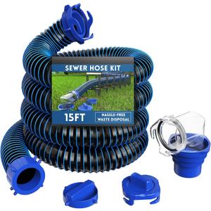 DUMPMAN RV Sewer Hose 15 FT, Sewer Hose for RV Camper RV, Sewer Hose Kit with Swivel Fitting - Includes 90 Degree Clear View Sewer Adapter, and 2 Storage Caps