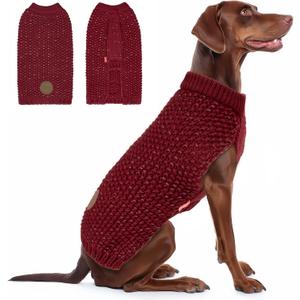 KYEESE Dog Sweater for Large Dogs with Leash Hole Warm Pullover with Reflective Yarn Male Thick Stretchy Knitwear Winter Soft Pet Coat boy for Cold Weather Comfy Dog Sweaters, Dark Red,XXX-Large (XXXL (70-90lbs))