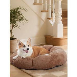 OhGeni 31 inches Calming Donut Orthopedic Dog & Cat Bed for Medium Pets, Warming Comfort Fluffy Short Pile Fur, Durable Waterproof Machine Washable Removable Cover, Cute Round Bed for Puppy, Brown