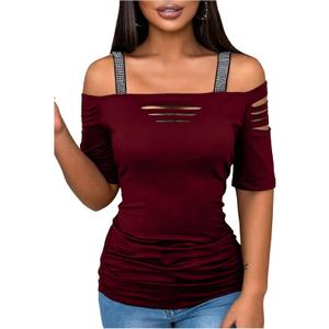 SHENHE Women's Rhinestone Strap Off Shoulder T Shirts Sexy Cut Out Short Sleeve Ruched Fitted Tees M