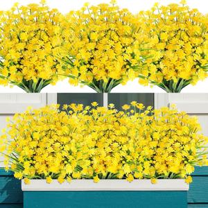 24 Bundles Artificial Flowers for Outdoor,UV Resistant No Fade Fake Plastic Flowers Faux Plants for Hanging Planters Decoration Indoor Outside Garden Porch Window Box Home Wedding Farmhouse (Yellow)