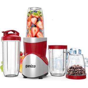 Ganiza 900W Blenders for Shakes and Smoothies, 15-Piece Personal Blender and Grinder Combo for Kitchen, Smoothies Maker with 4 BPA-Free Portable Cup, Nutritious Recipe Red