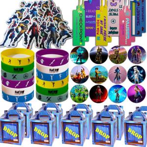 Gaming Party Supplies Set - 64 Pack Video Game Birthday gifts set, 10 Gaming Themed Gift Boxes, 10 Bookmarks, 10 Badges, 10 Bracelets & 24 Stickers Decoration