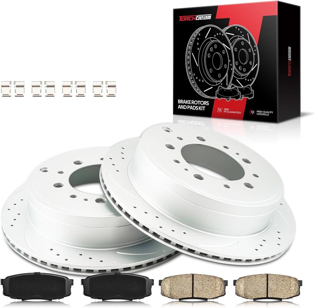 Rear Brake Rotors and Pads kit Torchbeam replacement for 2007-2021 Tundra, 2008-2021 Sequoia, 2008-2011 2013-2021 LX570, 31483+D1304 Drilled and Slotted Brake Rotors Ceramic Brake Pads