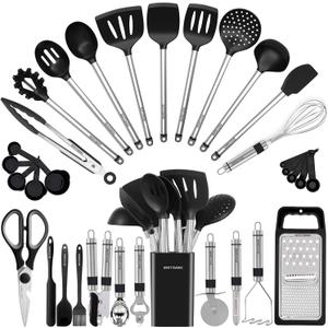 Kitchen Utensil Set-Silicone Cooking Utensils-33 Kitchen Gadgets & Spoons for Nonstick Cookware-Silicone and Stainless Steel Spatula Set-Best Kitchen Tools, Useful Pots and Pans Accessories (Black) Kitchen Utensil Set-Silicone Cooking Utensils-33 Kitchen Gadgets & Spoons for Nonstick Cookware-Silicone and Stainless Steel Spatula Set-Best Kitchen Tools, Useful Pots and Pans Accessories (Black)