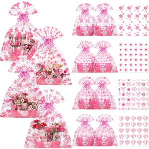 Gueevin 24 Sets Happy Mother's Day Empty Gift Baskets, 24 Cardboard Market Trays to Fill 24 Flowers Cellophane Bags 24 Pull Bows, DIY Gift Wrapping for Mother's Day Birthday Party