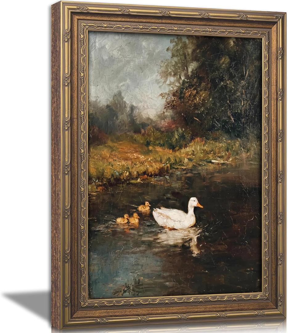 Vintage Gold Framed Duck Wall Art, Rustic Farmhouse Duck Lake Landscape Painting Canvas Prints, Pond Wildlife Wall Decor, Cottagecore Ducklings Poster Artwork for Living Room Bedroom Kitchen 16x24in