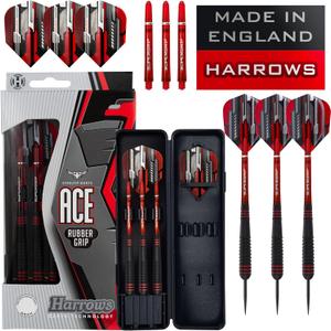 Harrows Ace Rubber Brass Steel Tip Darts Set Available in 20g, 22g, 24g & 26g - Includes Supergrip Shafts, Micron Marathon Flights & Convenient Travel Case
