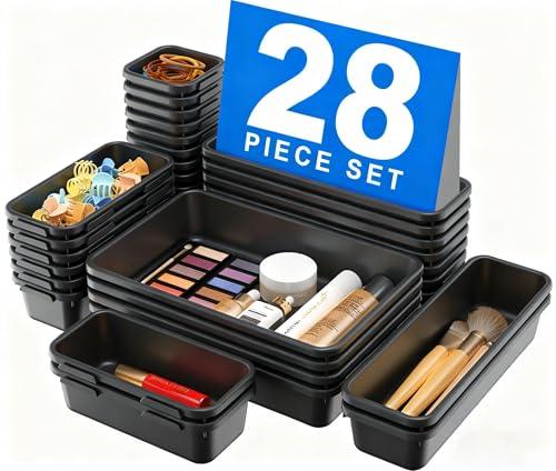 A-LuGei【1𝟮𝗣𝗖𝗦 Plastic Black Desk Drawer Organizer Tray Divider Set, Makeup Organization and Storage Bin Container for Office Utensils Bathroom Kitchen Bedroom Gadget Tool Pantry Cosmetic Jewelry
