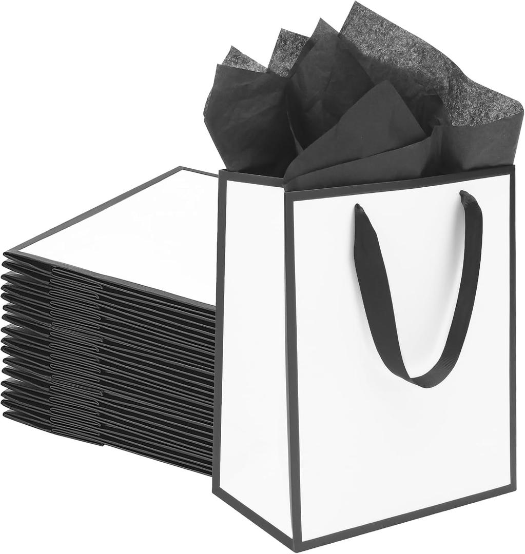 QIELSER Black and White Gift Bags with Handles, 8x5x10 Inch Medium Paper Bags with Tissue Paper for Wedding, Baby Shower, Birthday, Party, Holiday, Guest Welcome Bags (48)