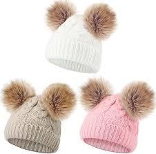 Geyoga Kids Toddler Winter Pompom Hat Baby Knitted Beanie Hat Faux Fur Pom Beanie Cap for Girls Boys 1-3 Years Old (Beige, Pink, White) 