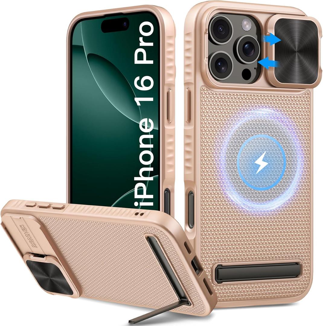 Vihibii for iPhone 16 Pro Magnetic Case with Stand, [Compatible with MagSafe], Slide Camera Cover, Military-Grade Drop Protection, Shockproof Heavy Duty Phone Cover for iPhone 16 Pro 6.3", Rose Gold