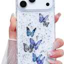 Compatible iPhone 17 Pro Case Clear Butterfly Women Girls Flexible TPU Stars Sparkle Glitter Anti-Scratch Shockproof Protective Phone Cover for iPhone 17 Pro (Purple Butterfly)