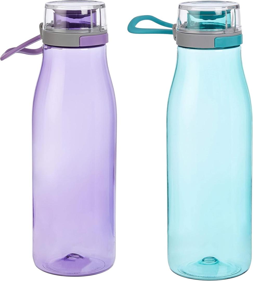 Amazon Basics Tritan BPA-Free Leak-Proof Water Bottles with Action Lid, 2-Pack, 24 oz Blue & Purple