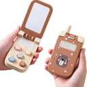 Wooden Baby Cell Phone Toy, Flip Pretend Play Phone for Toddlers - with Mirror & Functional Buttons, Enhance Fine Motor Skills, Natural Wood Toy , Ideal Gift for Kids 1 - 3