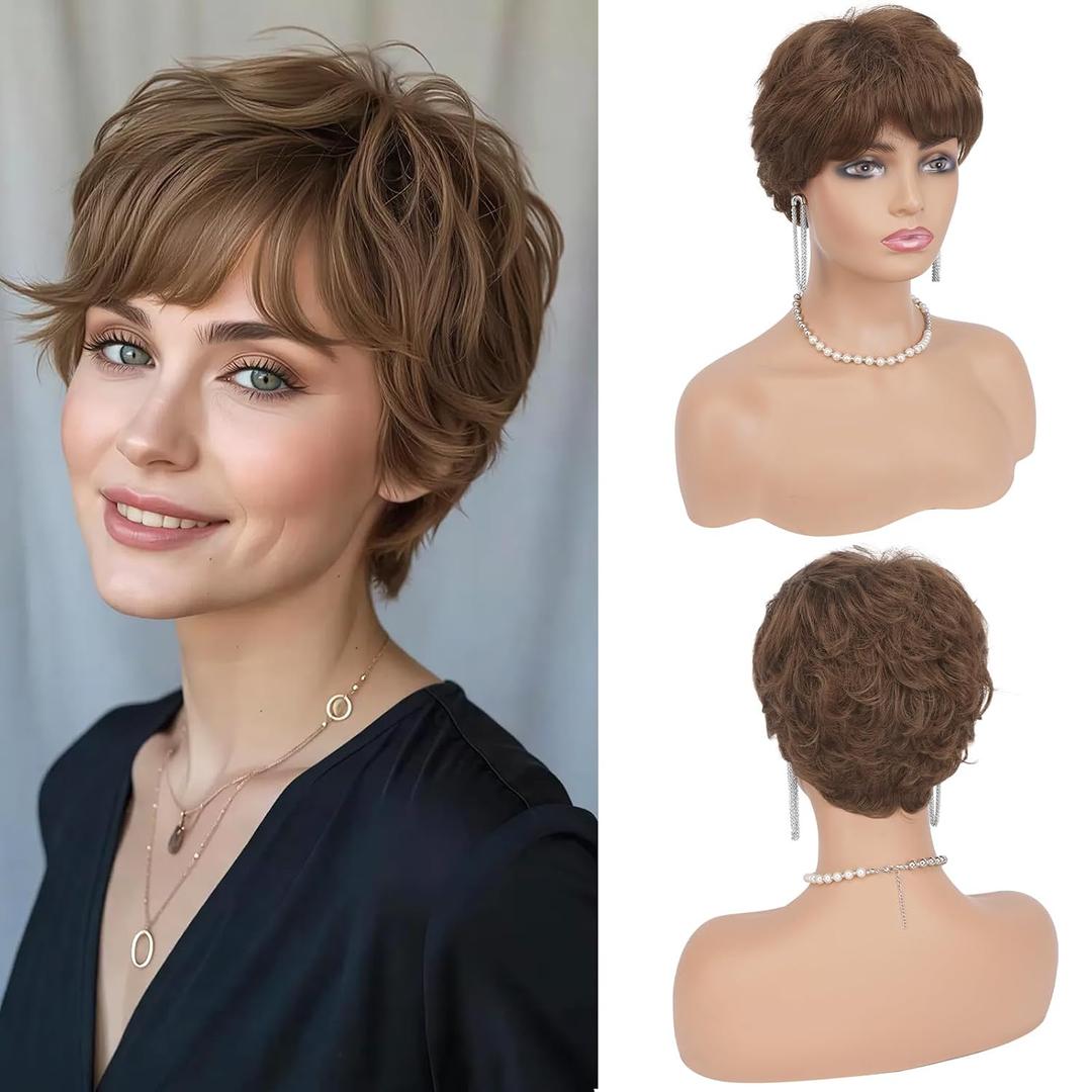Haloo Brown Pixie Wig for Women - Short Natural Layered Haircut Synthetic Heat Resistant Hair Wigs for Daily Costume, Medium Brown