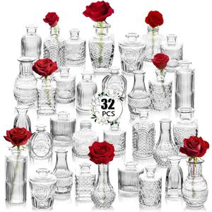 Clear Glass Bud Vase Set of 32 Pcs,Small Bud Vases in Bulk,Glass Crystal Flower Vases Table Centerpieces for Party Event Wedding Decor Baby Shower Decorations (Clear, 32 Pcs)