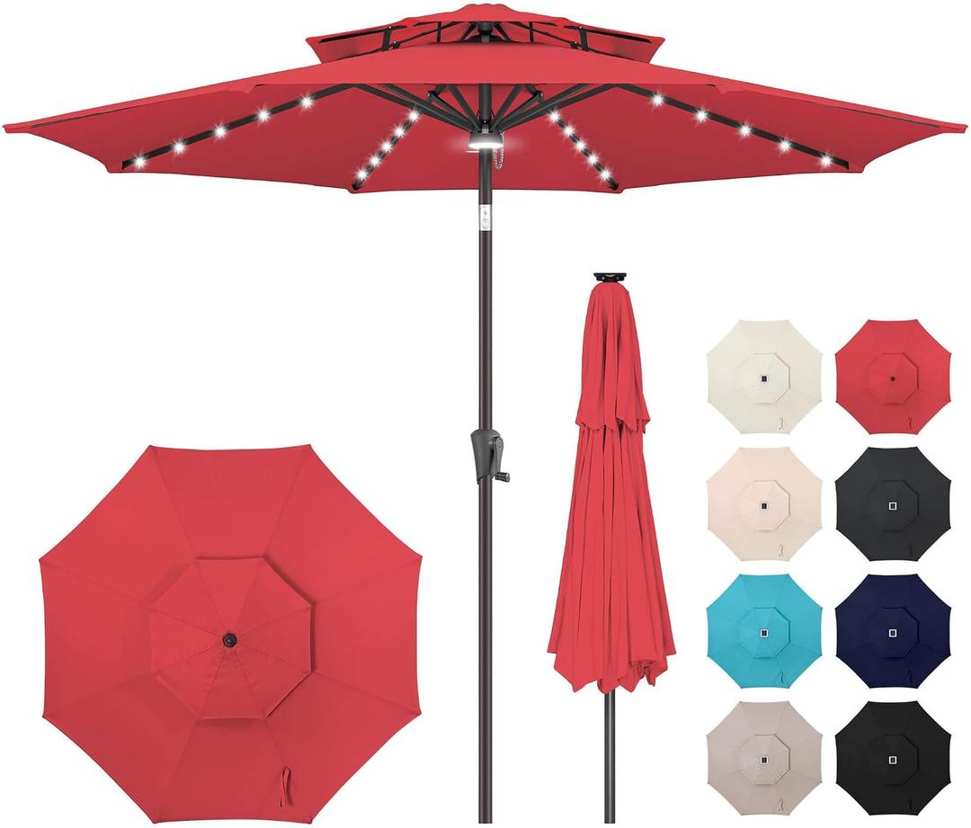 9ft Solar Umbrella Outdoor - 2 Tiers Lighted Solar Patio Umbrella with 40 LED Lights Waterprool UV Protection, Table Umbrella with Tilt for Pool, Porch, Garden, Backyard (Red)