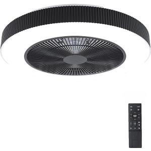 20" Bladeless Ceiling Fans with Light Remote Control,LED Smart Flush Mount Ceiling Fan With light for Bedroom, Kids Room, Reversible Motor, 6 Wind Speed, 3000LM, 57W-White/Black (Black)