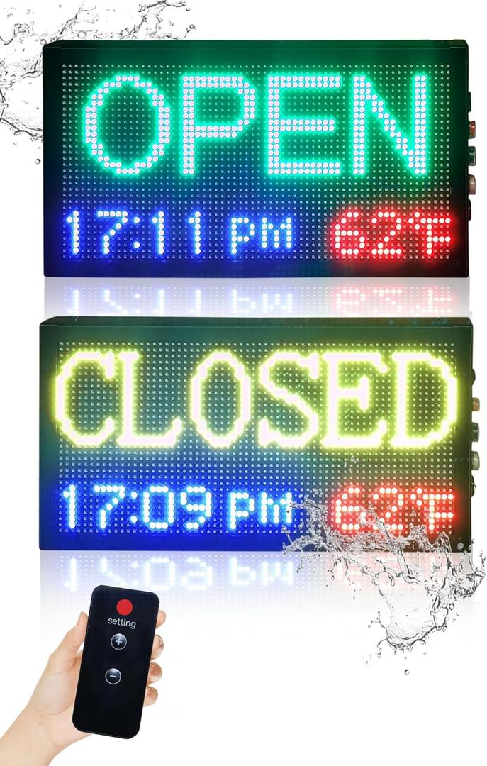 16.5x9 Inch Weatherproof LED Open Closed Sign with Remote Control, Digital Clock & Temperature Display - Customizable Business Hours Sign for Stores, Restaurants, Retail Shops