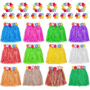 Garma Hawaiian Grass Skirts for Luau Party Set, 12PCS Hawaiian Luau Hula Skirts 12PCS Headbands and 24PCS Wristbands for Hawaiian Party Supplies Tropical Themed Decorations Festival