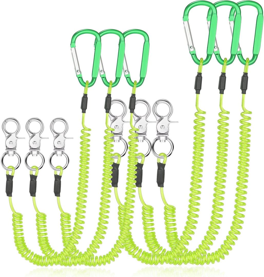 6 Pack Heavy Duty Fishing Lanyard Steel Wire Coiled Lanyard Kayak Retractable Tool Leash Fishing Rod Safety Lanyard Gear Lanyard with Alloy Clips for Pliers Boating (Green)