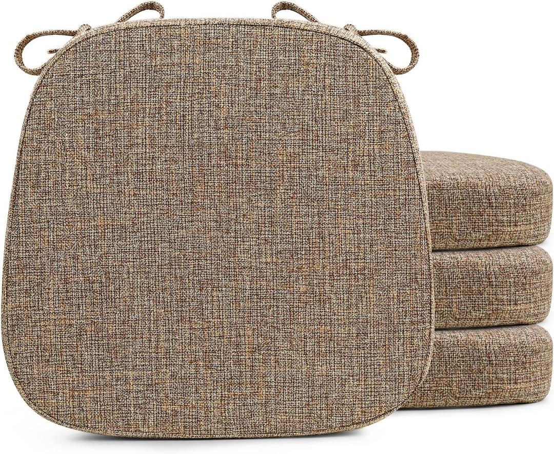 SINOSSO Thickened 2.5" Dining Chair Cushions, Soft Blended High Density Support Foam Kitchen Seat Cushions with Ties, U-Shaped Non-Slip Indoor Chair Pads, 16.5" x 16", 4 PCS, Light Brown, 16.5x 16.1x 2.5"-4pcs