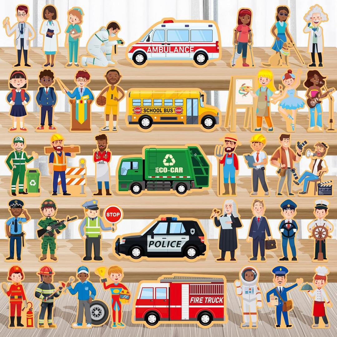 Blosssound 35 Pcs Wooden Community Helpers Toys Wooden Cars Set Little Wood People Figures Multicultural Career Wood Blocks for Preschool Classroom Diversity Play Games Educational Activity Supplies