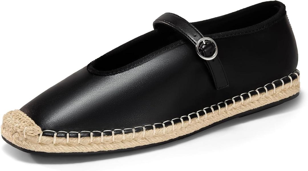 Coutgo Womens Espadrilles Mary Jane Flats Closed Sqaure Toe Mesh Ballet Flats Comfortable Dress Shoes (Black)