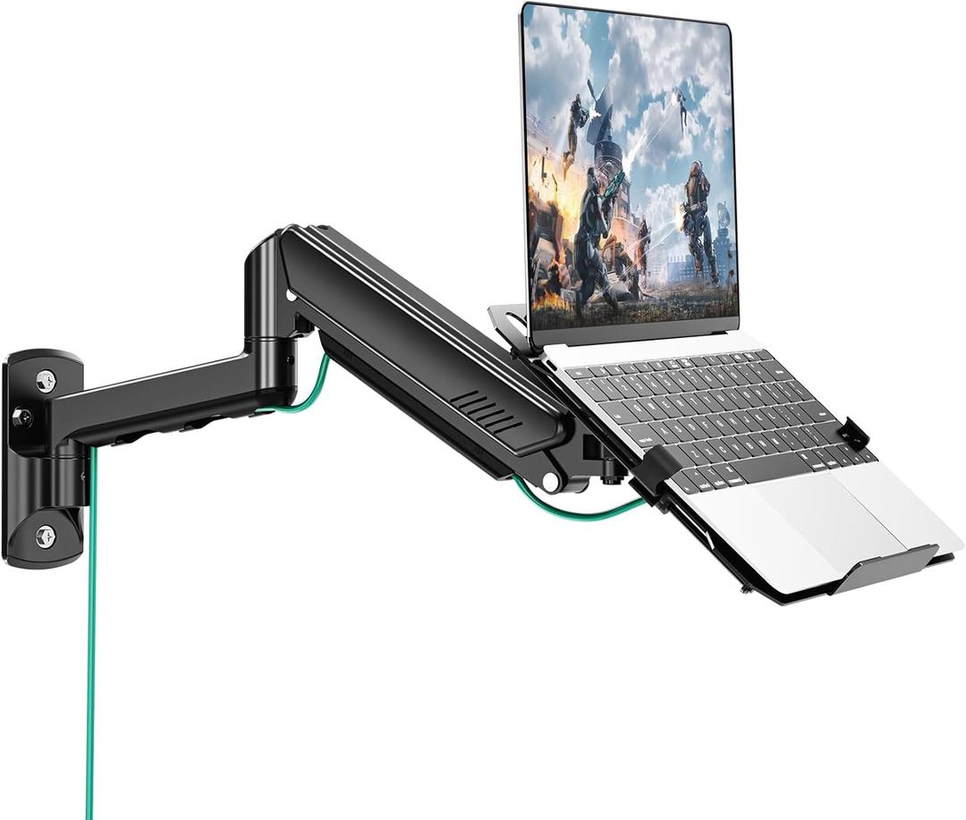 MOUNT PRO Laptop Wall Mount, 2-in-1 Monitor Wall Mount with Vented Tray for 11-17" Notebook/13-32 Computer Screen, Full Motion Adjustable Laptop Holder Stand, Gas Spring Laptop Arm Holds 4.4-22 lbs