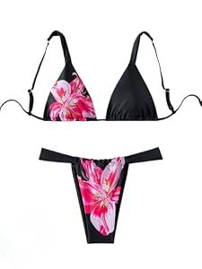 ZAFUL Women's Triangle Bikini Set Bow Decor Spaghetti Straps Bikini Swimsuit 2 Pieces Thong Bathing Suits (3-Black, M)